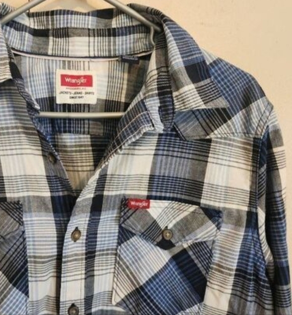 M3 Wrangler Blue, Black & White Plaid Western Shirt Button Up Long Sleeved - Picture 3 of 9